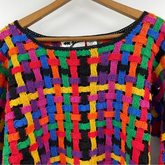VTG my Rainbow Crochet Open Knit Cropped Sweater M L - Picture 2 of 7
